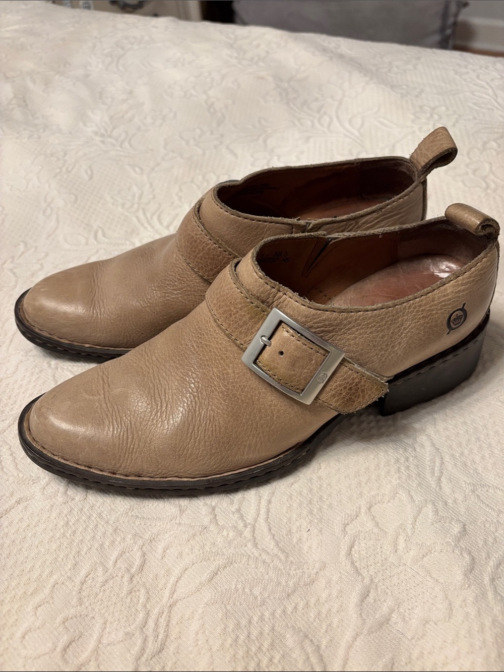 BORN Leather Buckle Slip-On Shoes in Tan